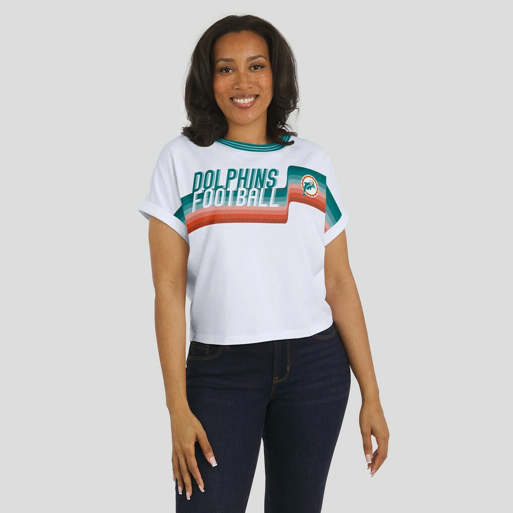 Miami Dolphins WEAR by Erin Andrews Women's Cropped Center Stripe Dolman T-Shirt - White T-shirts