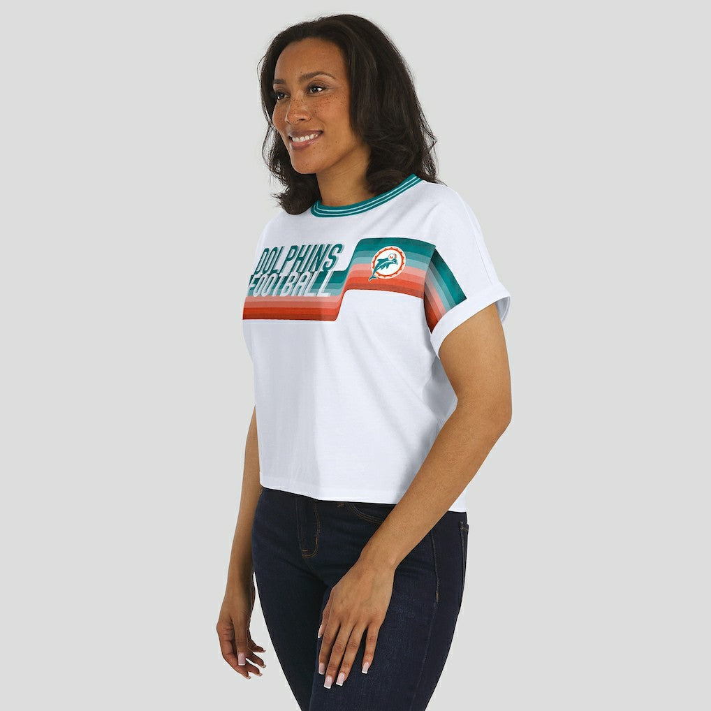 Miami Dolphins WEAR by Erin Andrews Women's Cropped Center Stripe Dolman T-Shirt - White T-shirts