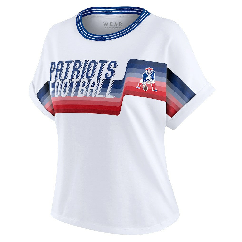 New England Patriots WEAR by Erin Andrews Women's Cropped Center Stripe Dolman T-Shirt - White T-shirts