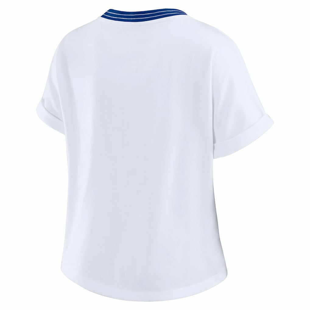 New England Patriots WEAR by Erin Andrews Women's Cropped Center Stripe Dolman T-Shirt - White T-shirts