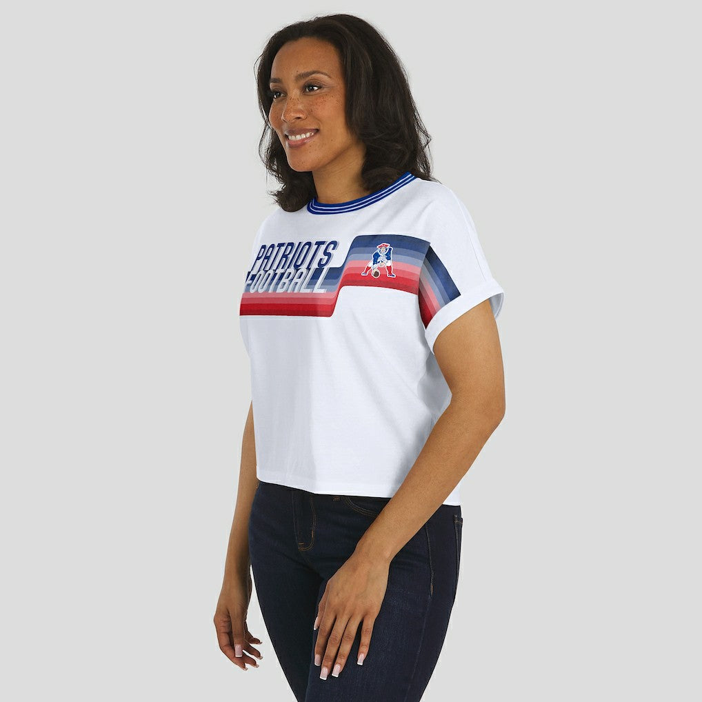 New England Patriots WEAR by Erin Andrews Women's Cropped Center Stripe Dolman T-Shirt - White T-shirts