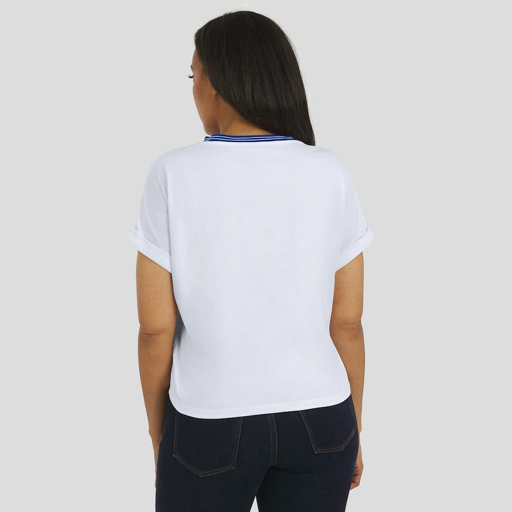 New England Patriots WEAR by Erin Andrews Women's Cropped Center Stripe Dolman T-Shirt - White T-shirts