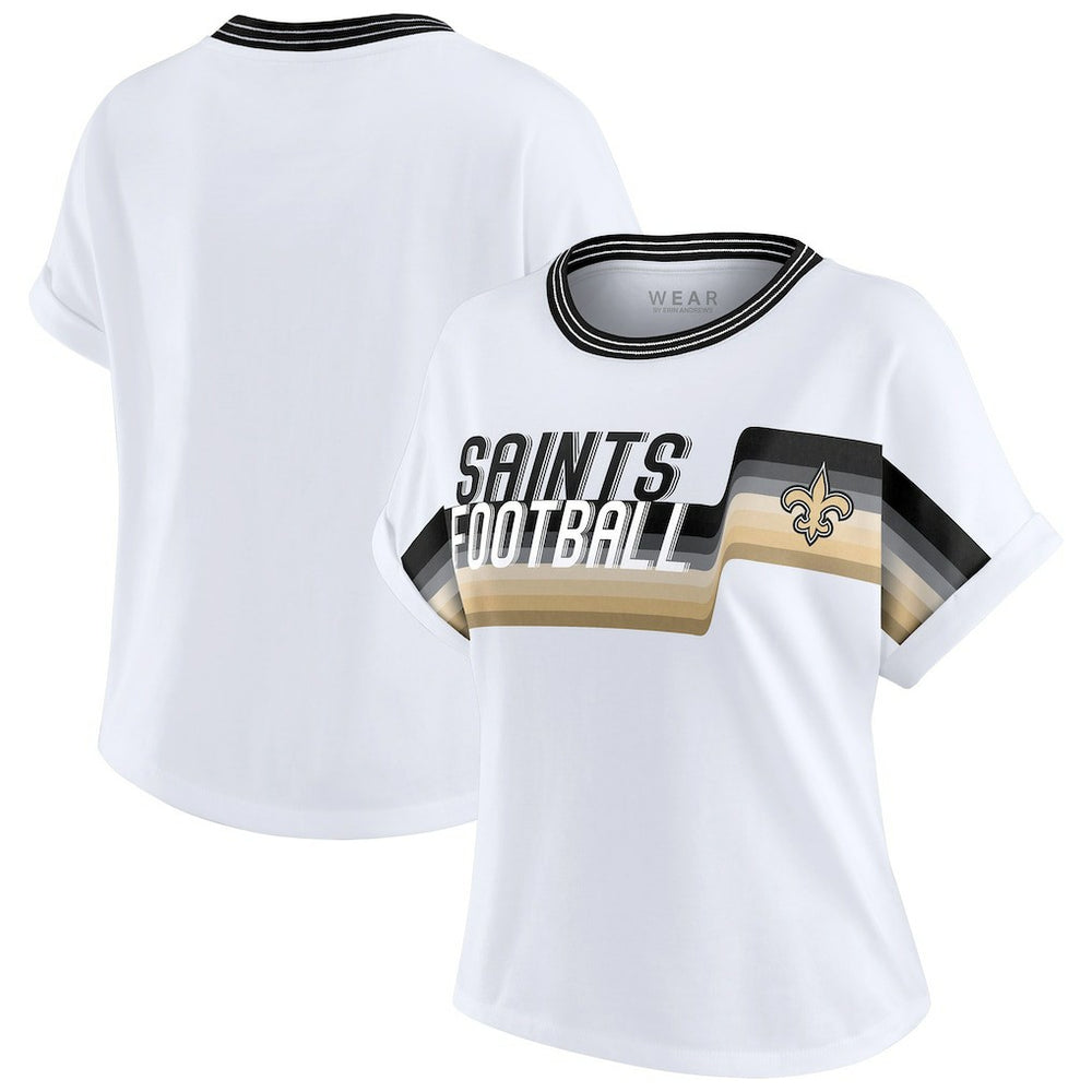 New Orleans Saints WEAR by Erin Andrews Women's Cropped Center Stripe Dolman T-Shirt - White T-shirts