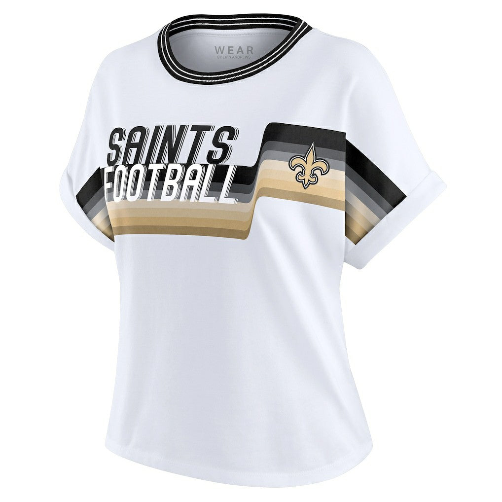 New Orleans Saints WEAR by Erin Andrews Women's Cropped Center Stripe Dolman T-Shirt - White T-shirts