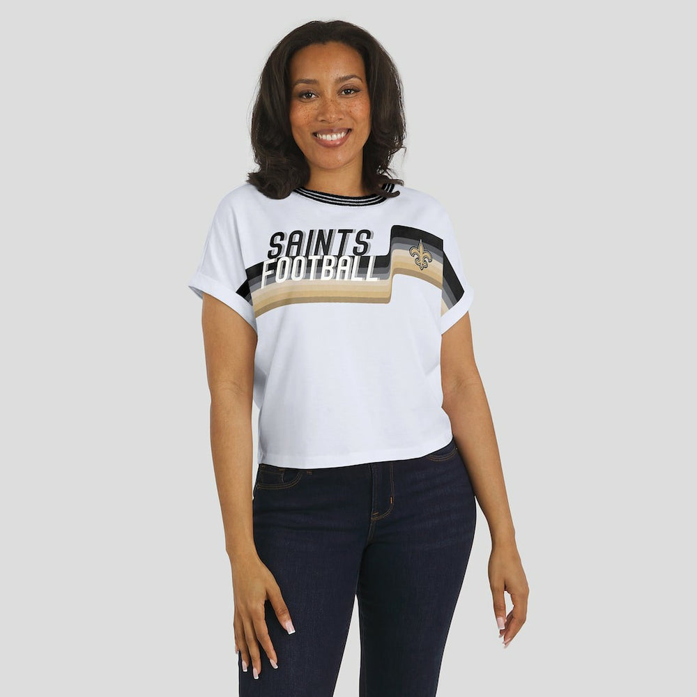 New Orleans Saints WEAR by Erin Andrews Women's Cropped Center Stripe Dolman T-Shirt - White T-shirts