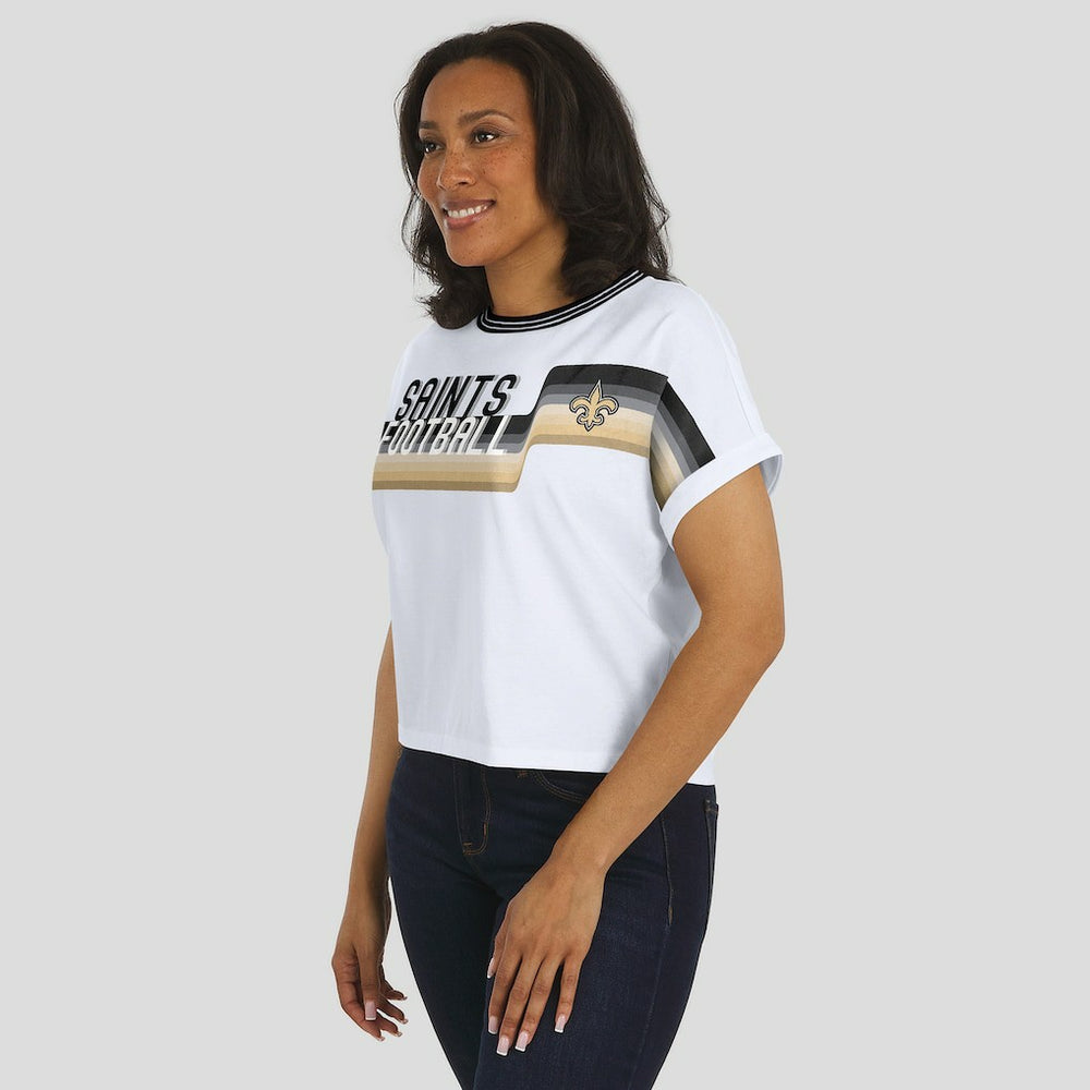 New Orleans Saints WEAR by Erin Andrews Women's Cropped Center Stripe Dolman T-Shirt - White T-shirts