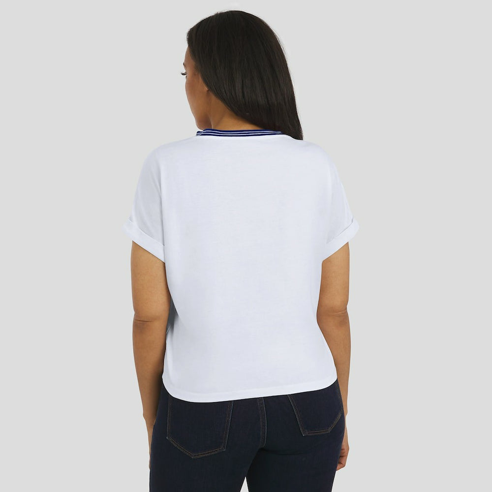 New York Giants WEAR by Erin Andrews Women's Cropped Center Stripe Dolman T-Shirt - White T-shirts