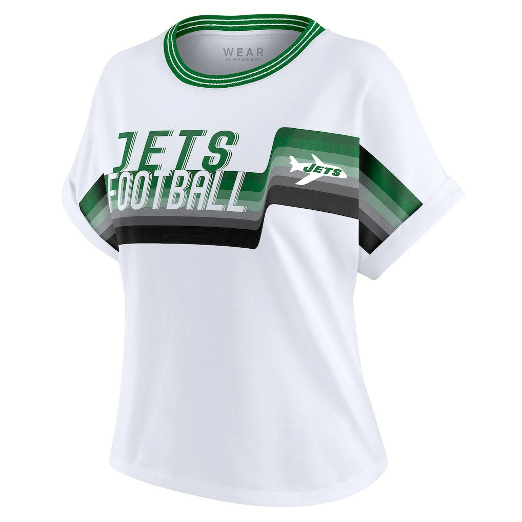 New York Jets WEAR by Erin Andrews Women's Cropped Center Stripe Dolman T-Shirt - White T-shirts