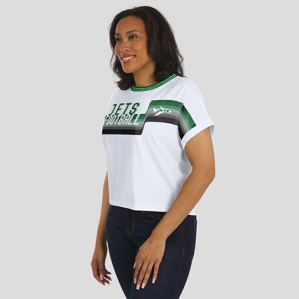 New York Jets WEAR by Erin Andrews Women's Cropped Center Stripe Dolman T-Shirt - White T-shirts