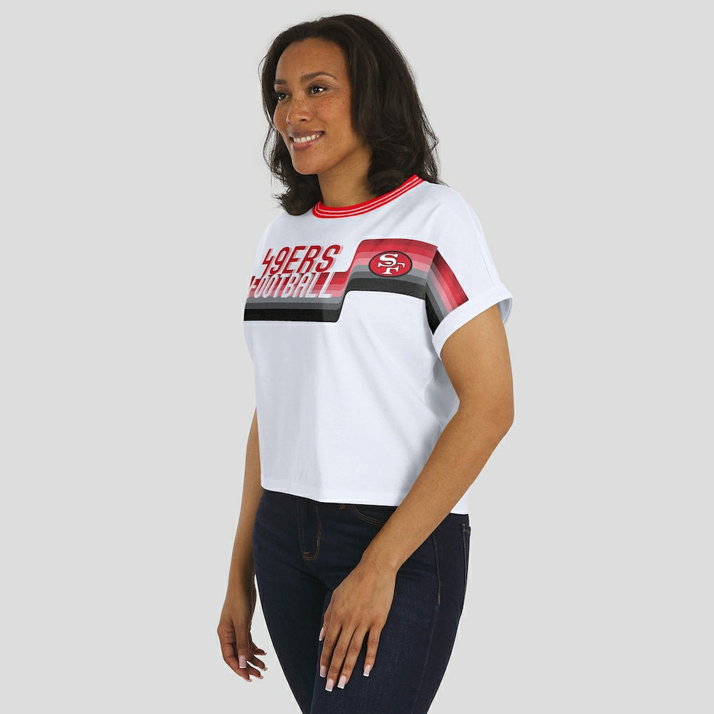 San Francisco 49ers WEAR by Erin Andrews Women's Cropped Center Stripe Dolman T-Shirt - White T-shirts