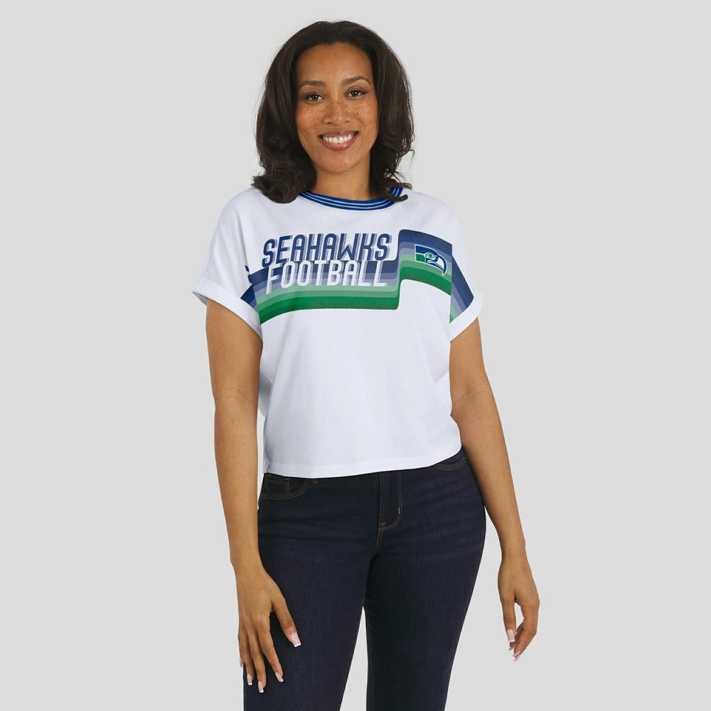 Seattle Seahawks WEAR by Erin Andrews Women's Cropped Center Stripe Dolman T-Shirt - White T-shirts
