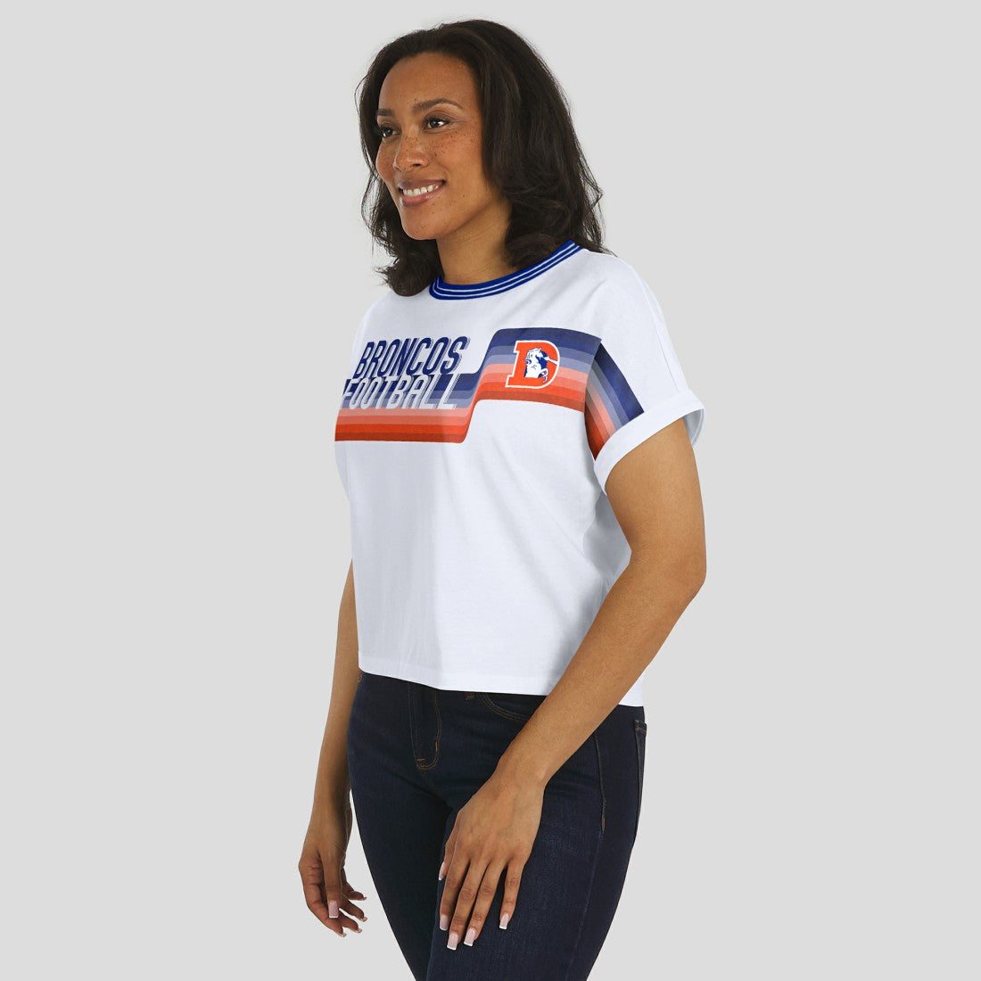 Denver Broncos WEAR by Erin Andrews Women's Cropped Center Stripe Dolman T-Shirt - White T-shirts