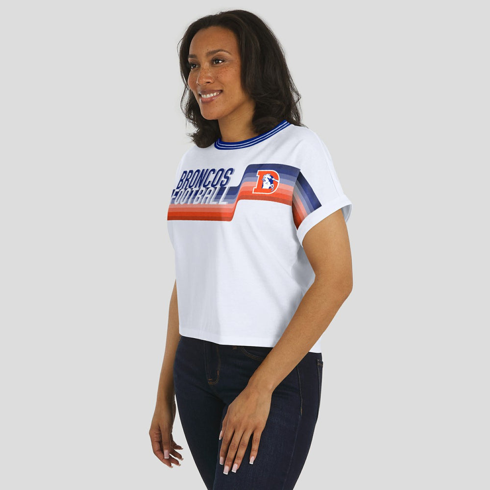 Denver Broncos WEAR by Erin Andrews Women's Cropped Center Stripe Dolman T-Shirt - White T-shirts