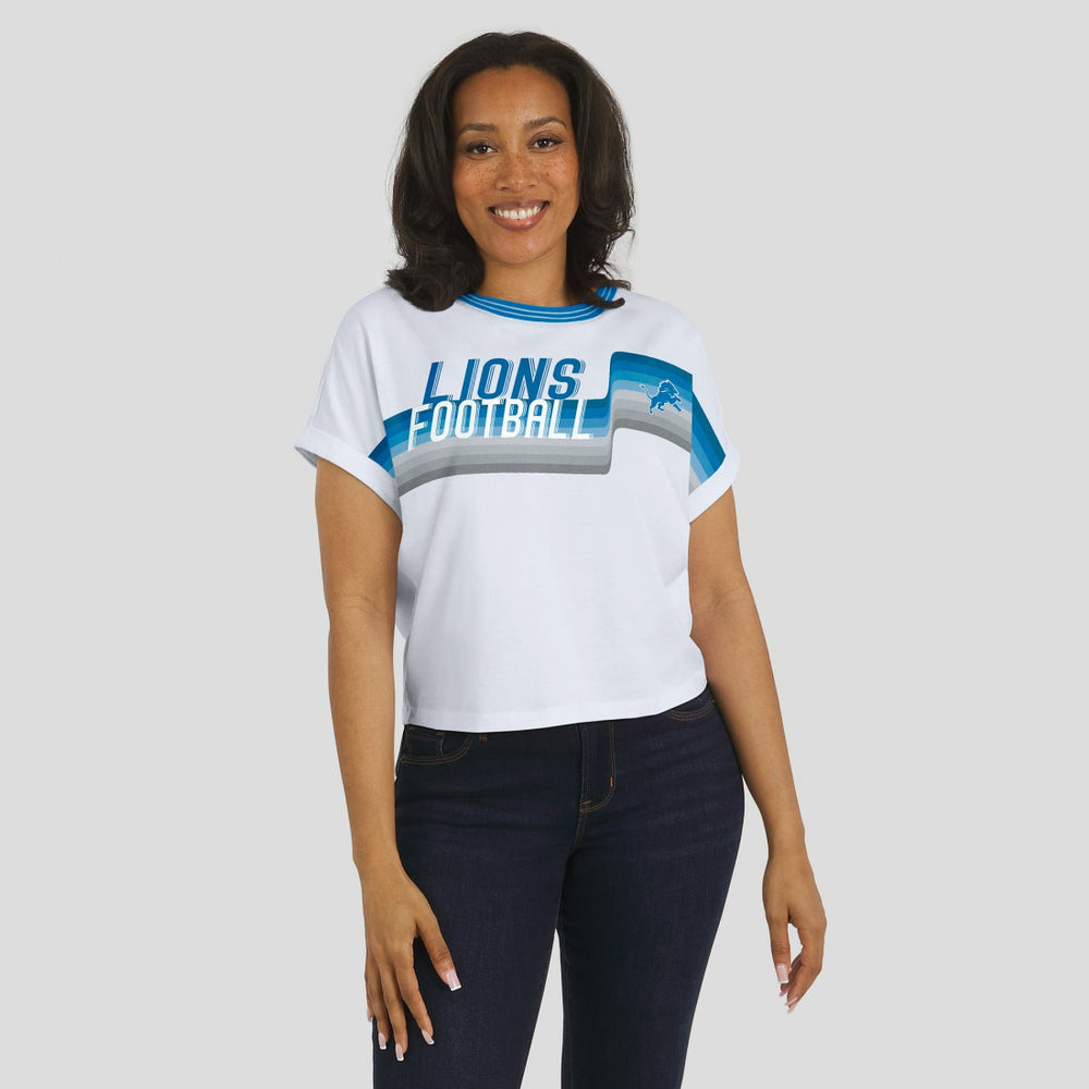 Detroit Lions WEAR by Erin Andrews Women's Cropped Center Stripe Dolman T-Shirt - White T-shirts
