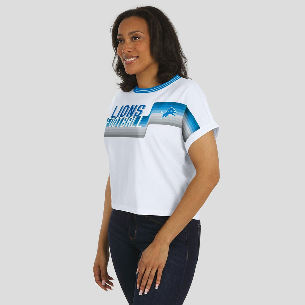 Detroit Lions WEAR by Erin Andrews Women's Cropped Center Stripe Dolman T-Shirt - White T-shirts