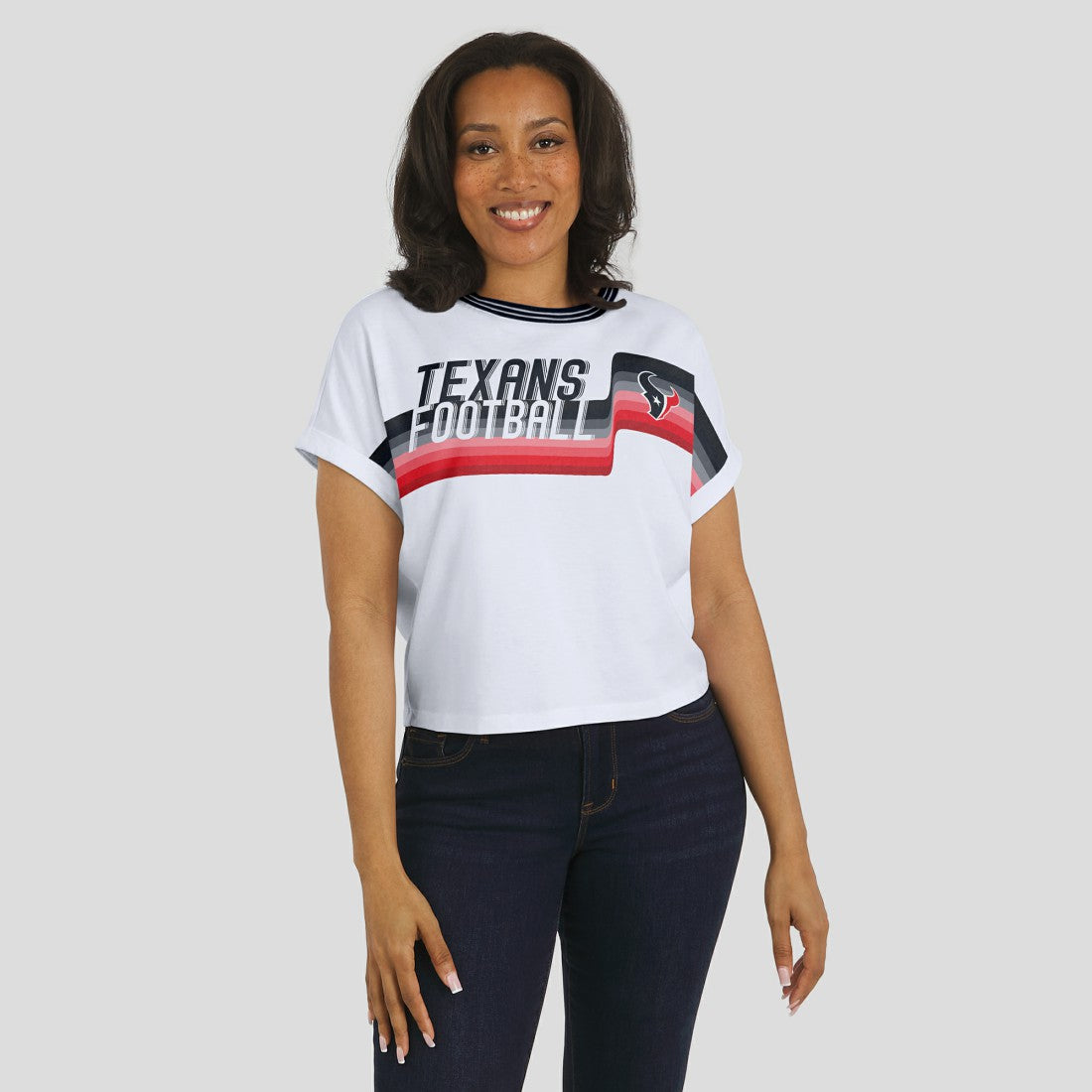 Houston Texans WEAR by Erin Andrews Women's Cropped Center Stripe Dolman T-Shirt - White T-shirts