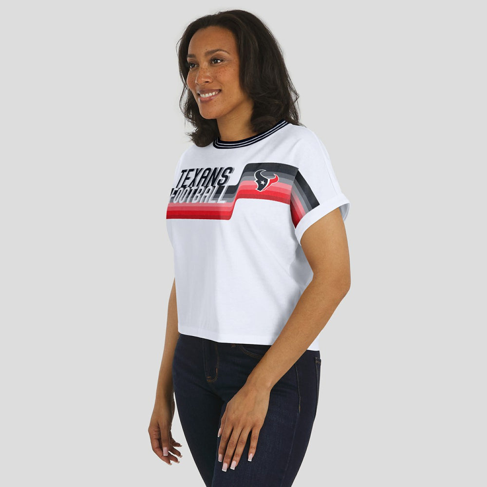 Houston Texans WEAR by Erin Andrews Women's Cropped Center Stripe Dolman T-Shirt - White T-shirts
