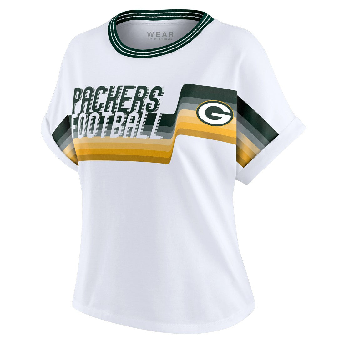 Green Bay Packers WEAR by Erin Andrews Women's Cropped Center Stripe Dolman T-Shirt - White T-shirts