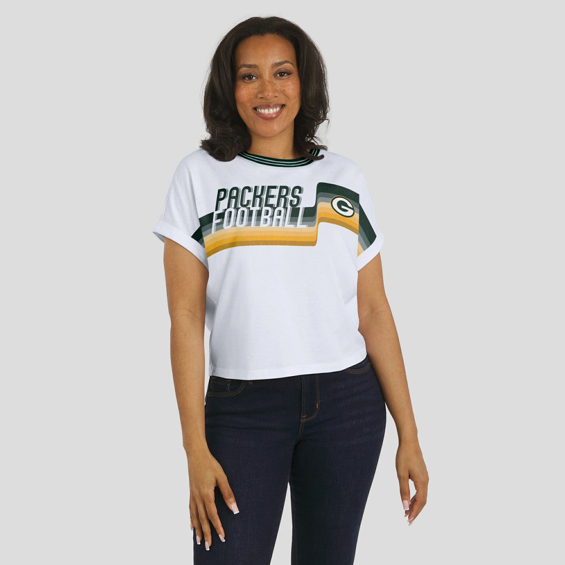 Green Bay Packers WEAR by Erin Andrews Women's Cropped Center Stripe Dolman T-Shirt - White T-shirts