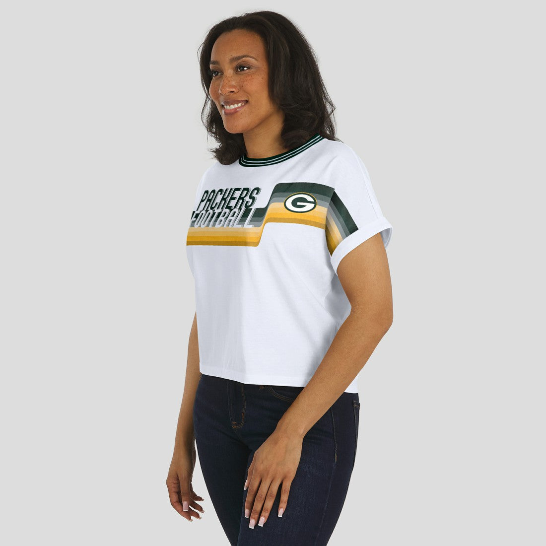 Green Bay Packers WEAR by Erin Andrews Women's Cropped Center Stripe Dolman T-Shirt - White T-shirts