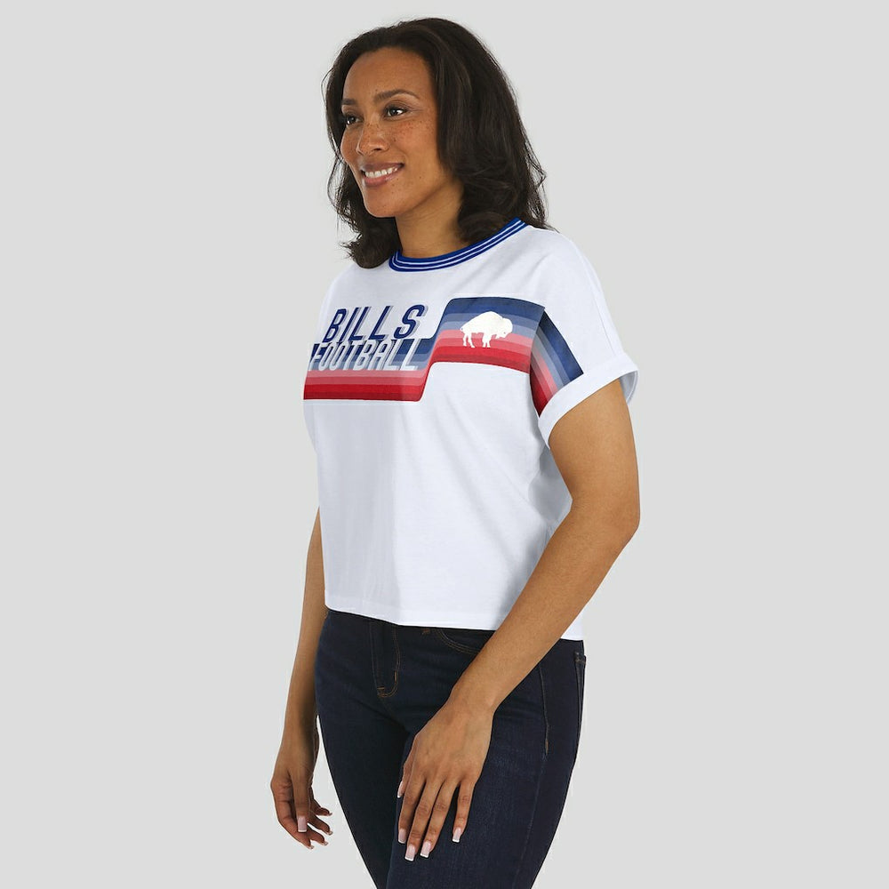 Buffalo Bills WEAR by Erin Andrews Women's Cropped Center Stripe Dolman T-Shirt - White T-shirts