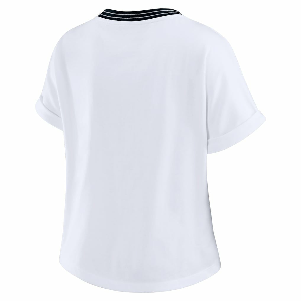 Carolina Panthers WEAR by Erin Andrews Women's Cropped Center Stripe Dolman T-Shirt - White T-shirts