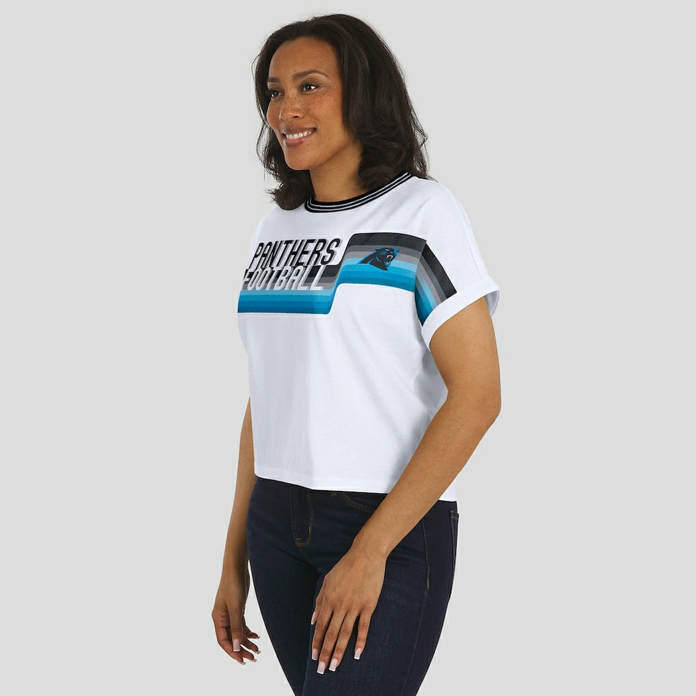 Carolina Panthers WEAR by Erin Andrews Women's Cropped Center Stripe Dolman T-Shirt - White T-shirts