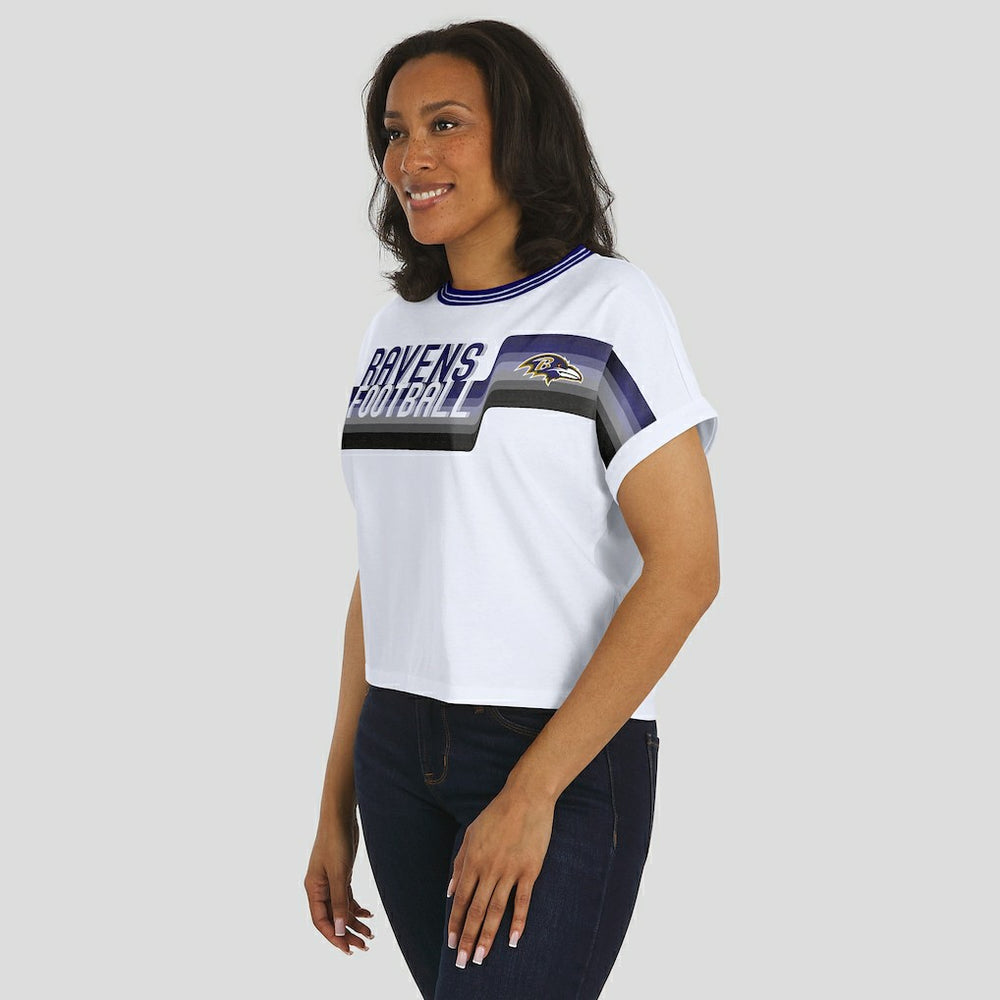 Baltimore Ravens WEAR by Erin Andrews Women's Cropped Center Stripe Dolman T-Shirt - White T-shirts