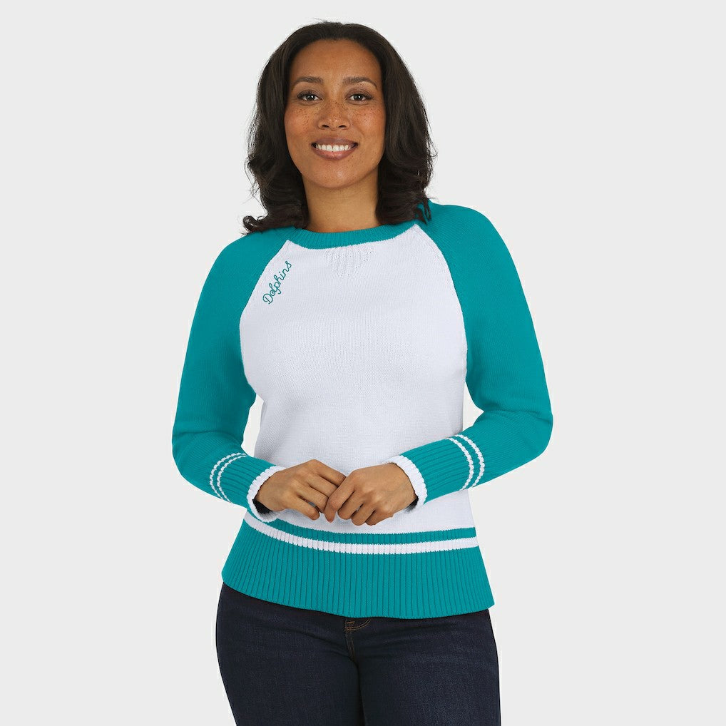 Miami Dolphins WEAR by Erin Andrews Women's Colorblock Raglan Sweater - White/Aqua