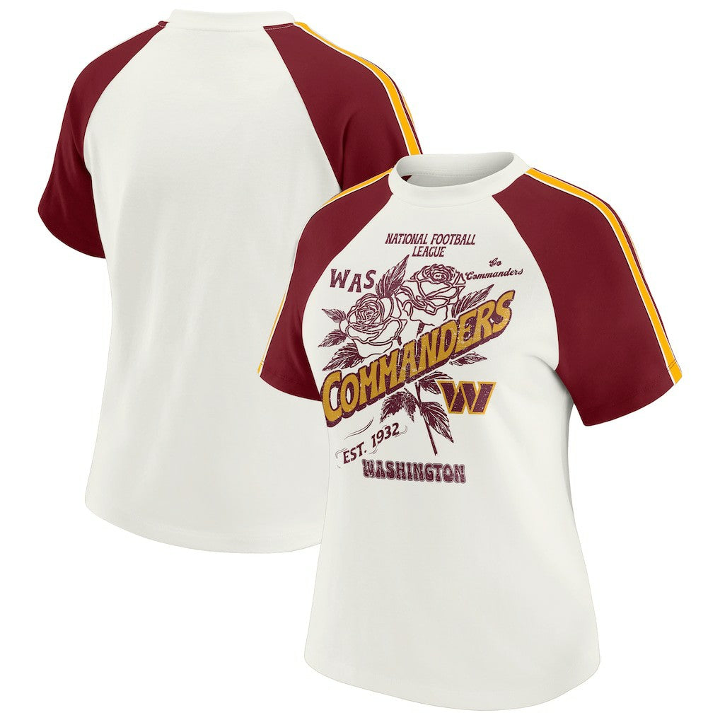 Washington Commanders WEAR by Erin Andrews Women's Sleeve Stripe Distressed Raglan T-Shirt - White T-shirts