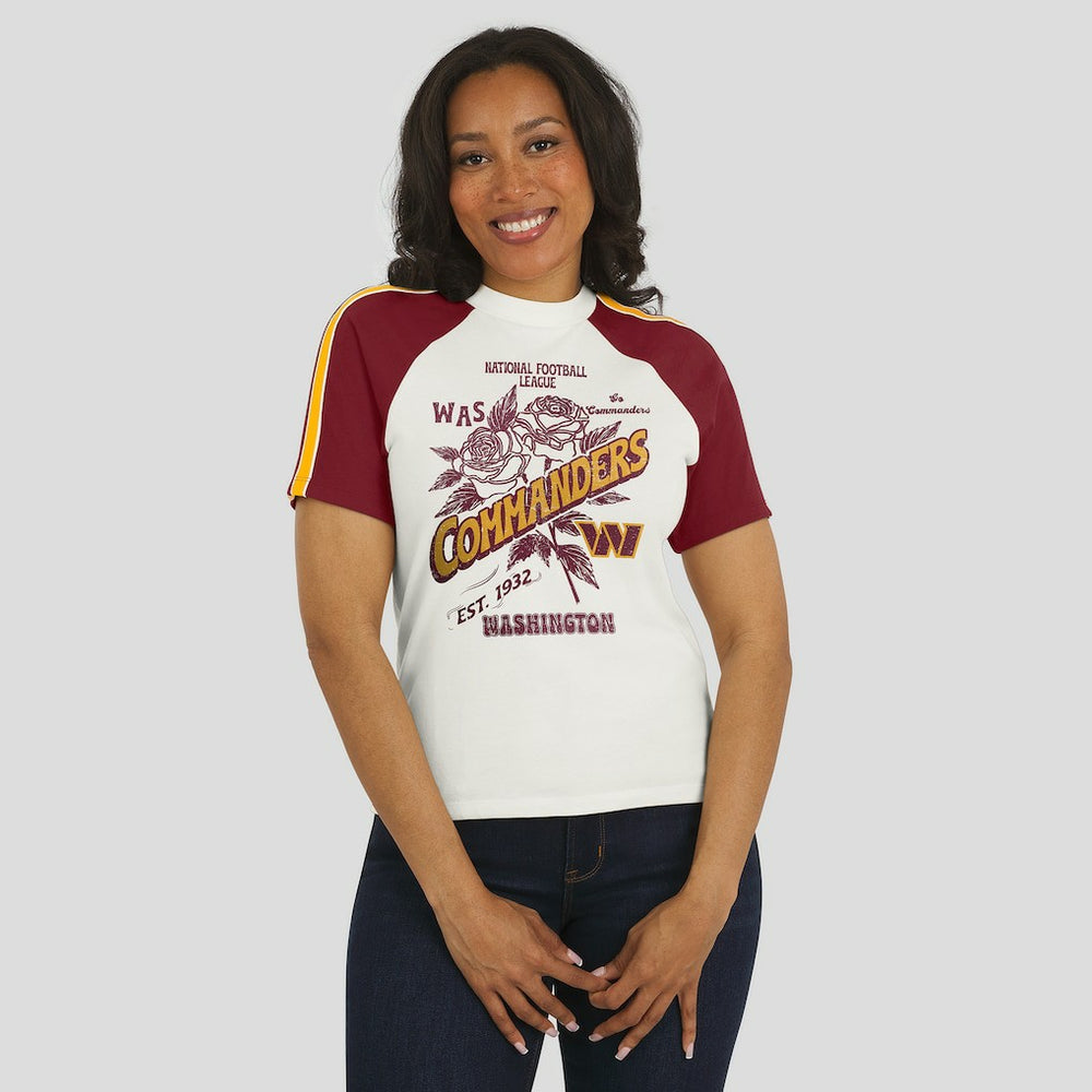 Washington Commanders WEAR by Erin Andrews Women's Sleeve Stripe Distressed Raglan T-Shirt - White T-shirts