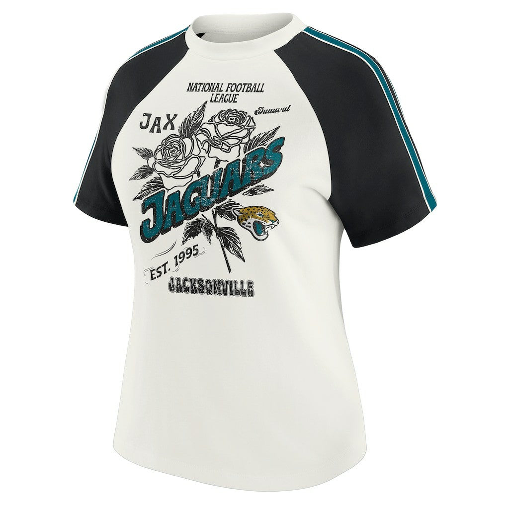 Jacksonville Jaguars WEAR by Erin Andrews Women's Sleeve Stripe Distressed Raglan T-Shirt - White T-shirts
