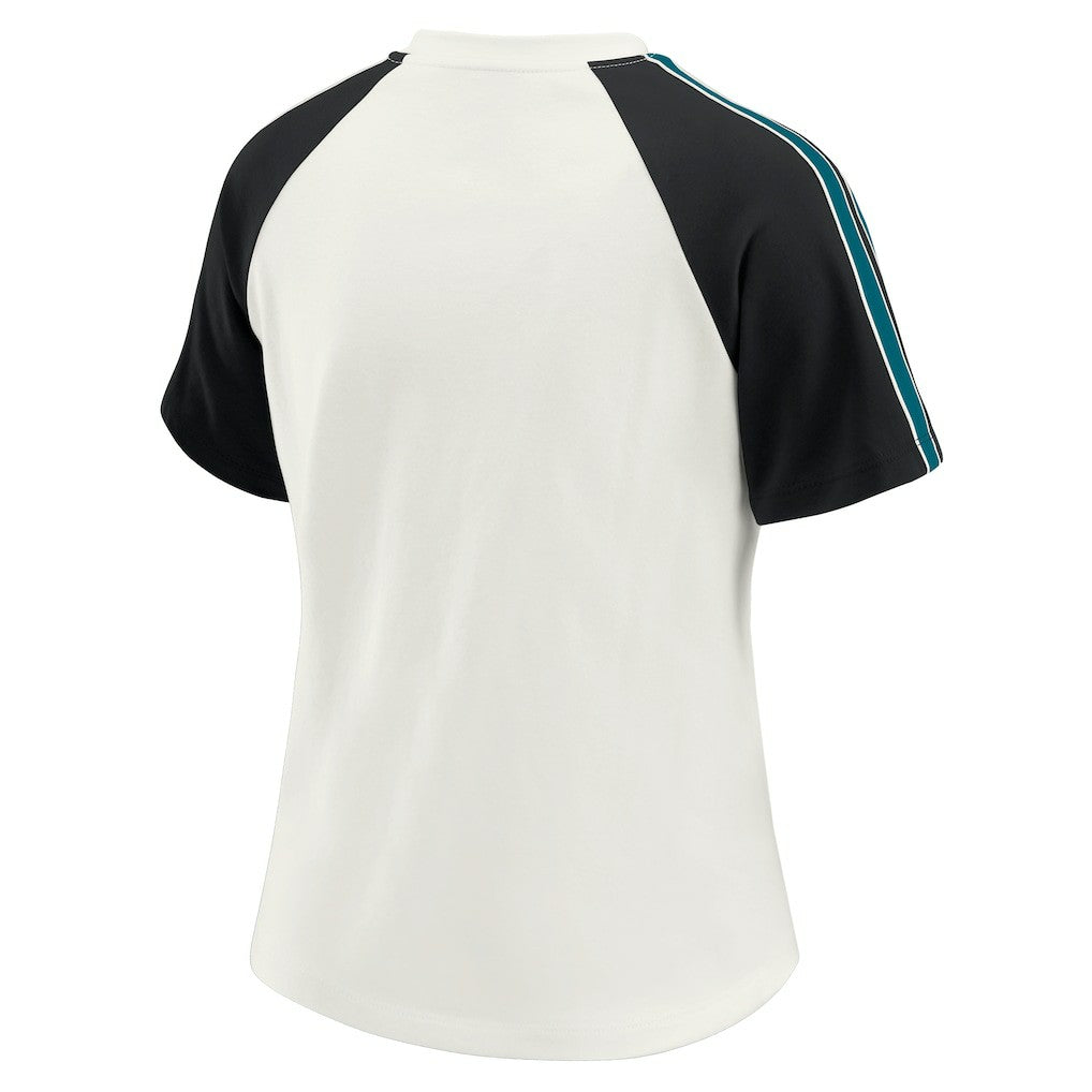 Jacksonville Jaguars WEAR by Erin Andrews Women's Sleeve Stripe Distressed Raglan T-Shirt - White T-shirts