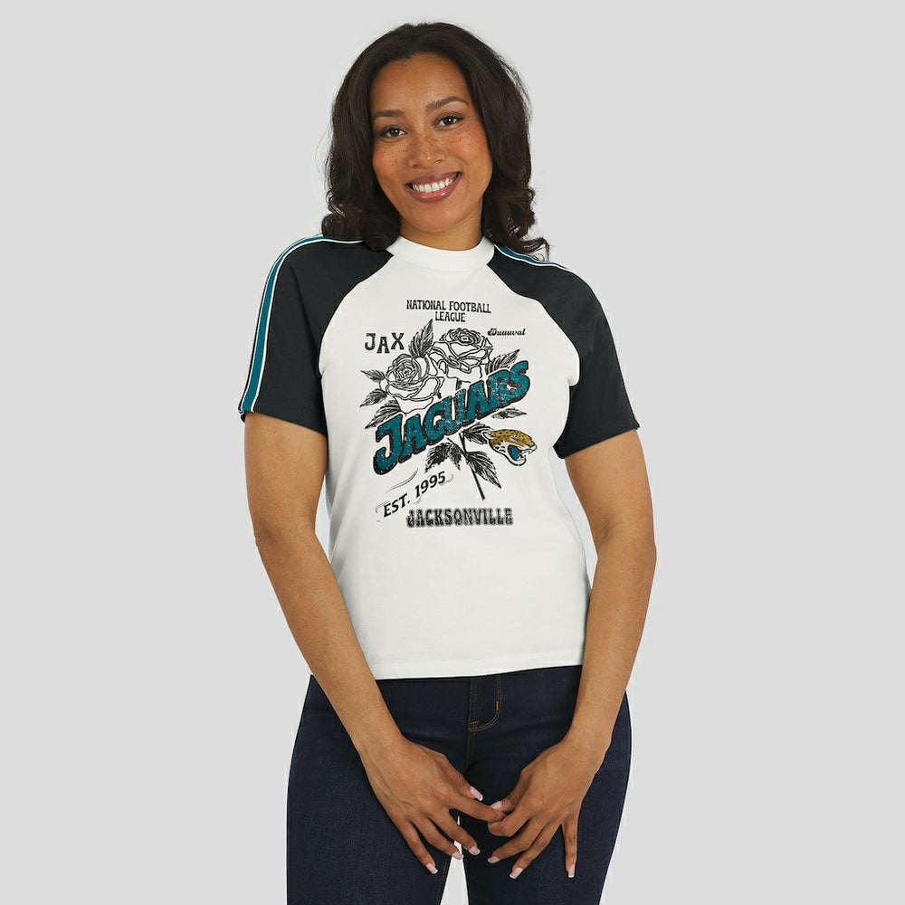 Jacksonville Jaguars WEAR by Erin Andrews Women's Sleeve Stripe Distressed Raglan T-Shirt - White T-shirts