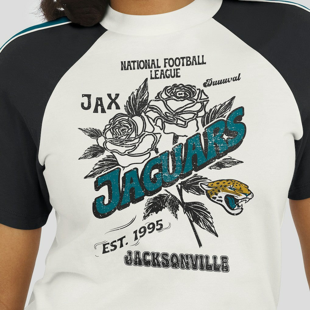 Jacksonville Jaguars WEAR by Erin Andrews Women's Sleeve Stripe Distressed Raglan T-Shirt - White T-shirts