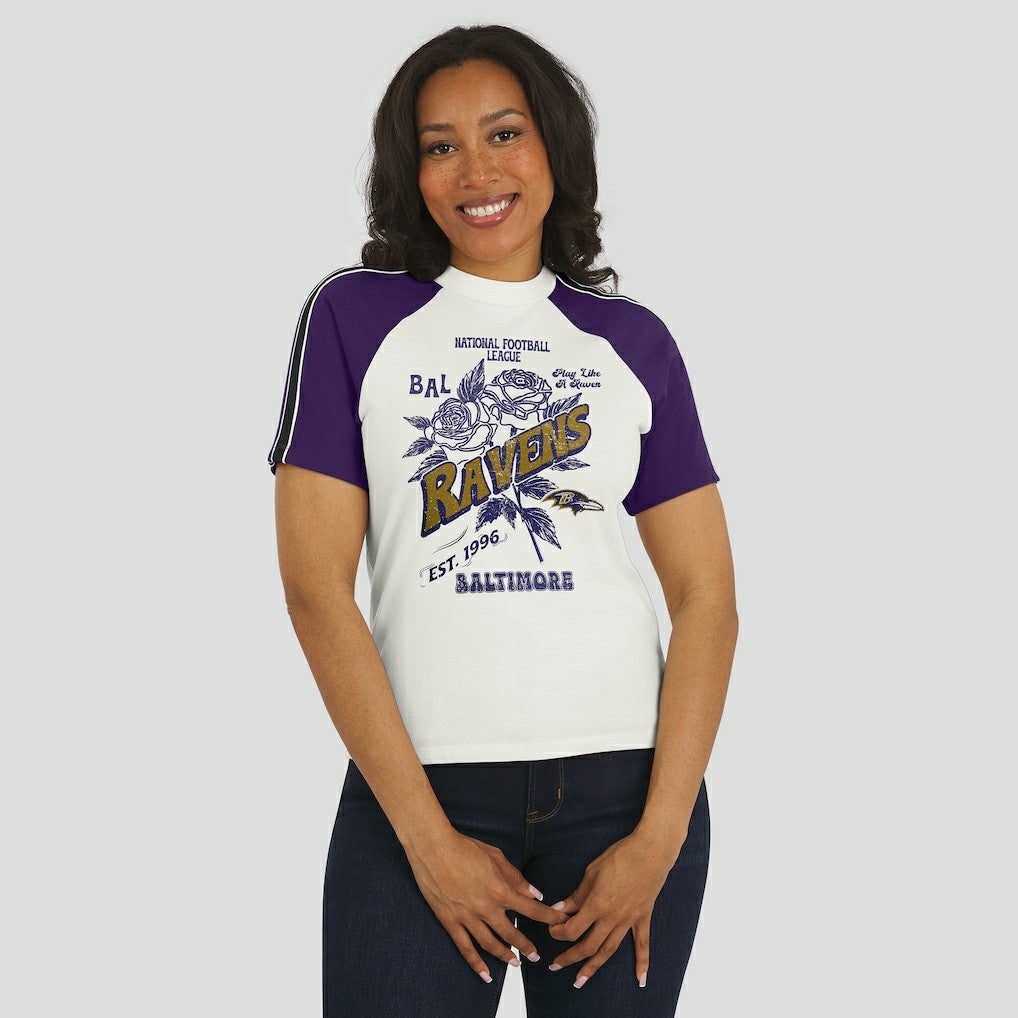 Baltimore Ravens WEAR by Erin Andrews Women's Sleeve Stripe Distressed Raglan T-Shirt - White T-shirts