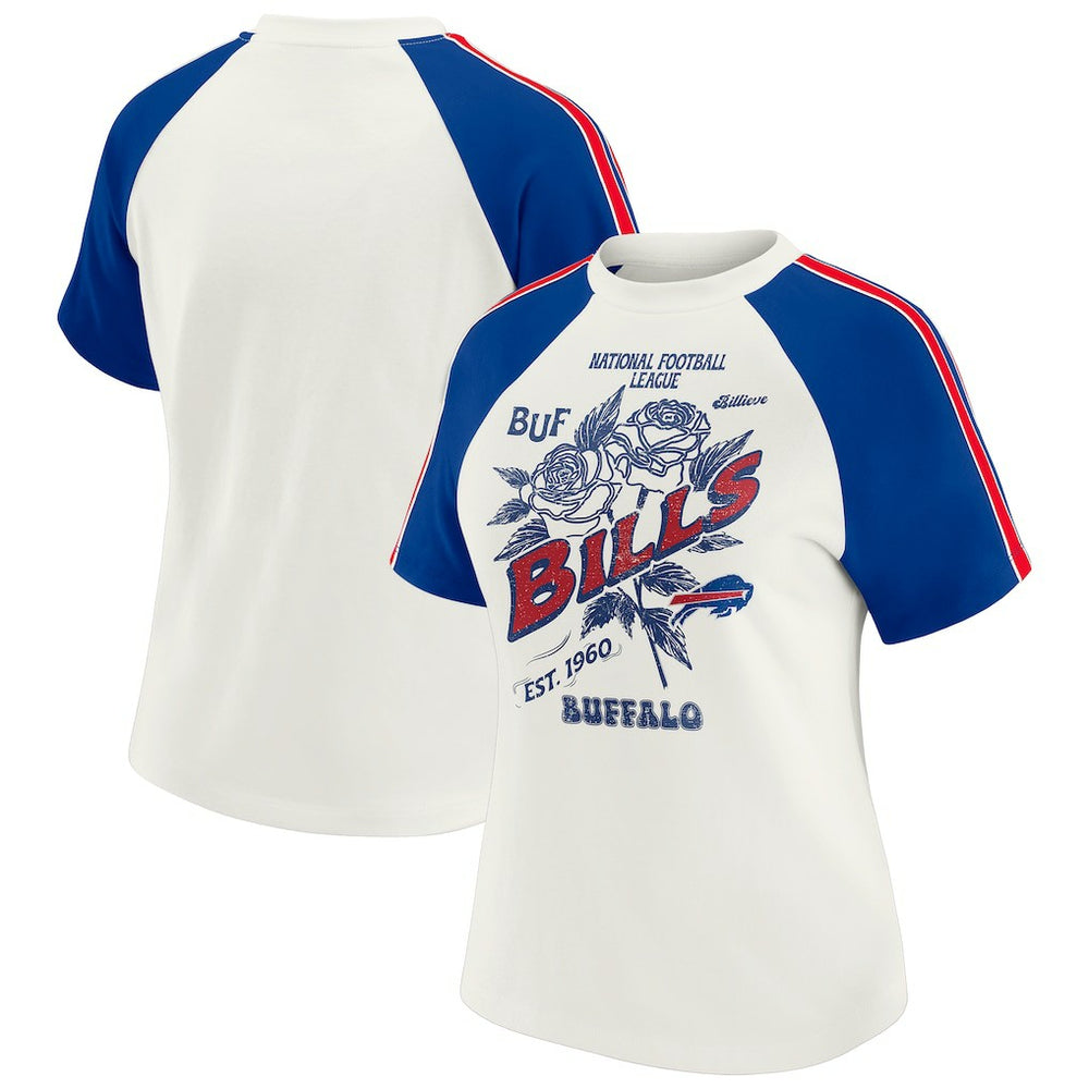Buffalo Bills WEAR by Erin Andrews Women's Sleeve Stripe Distressed Raglan T-Shirt - White T-shirts