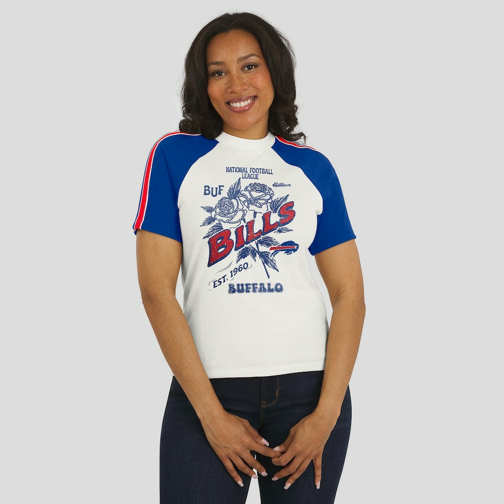 Buffalo Bills WEAR by Erin Andrews Women's Sleeve Stripe Distressed Raglan T-Shirt - White T-shirts