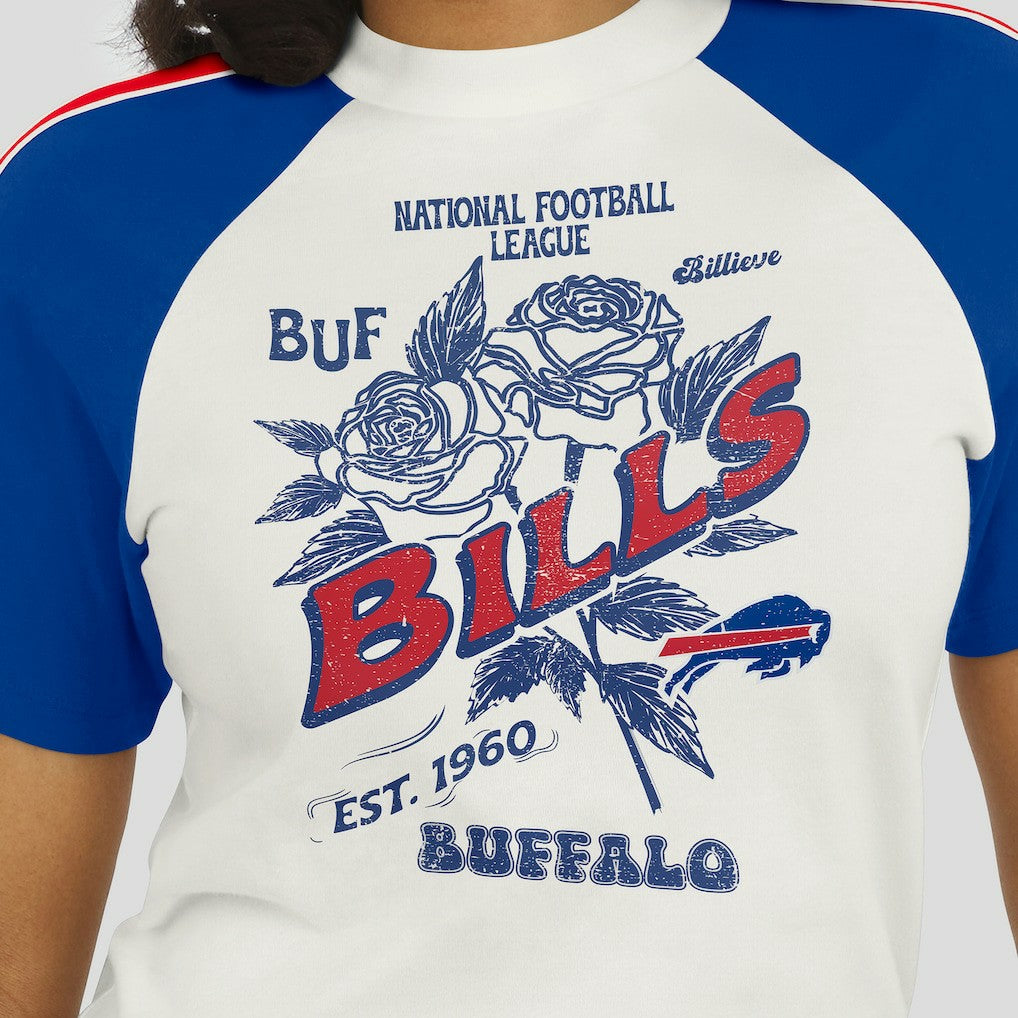 Buffalo Bills WEAR by Erin Andrews Women's Sleeve Stripe Distressed Raglan T-Shirt - White T-shirts