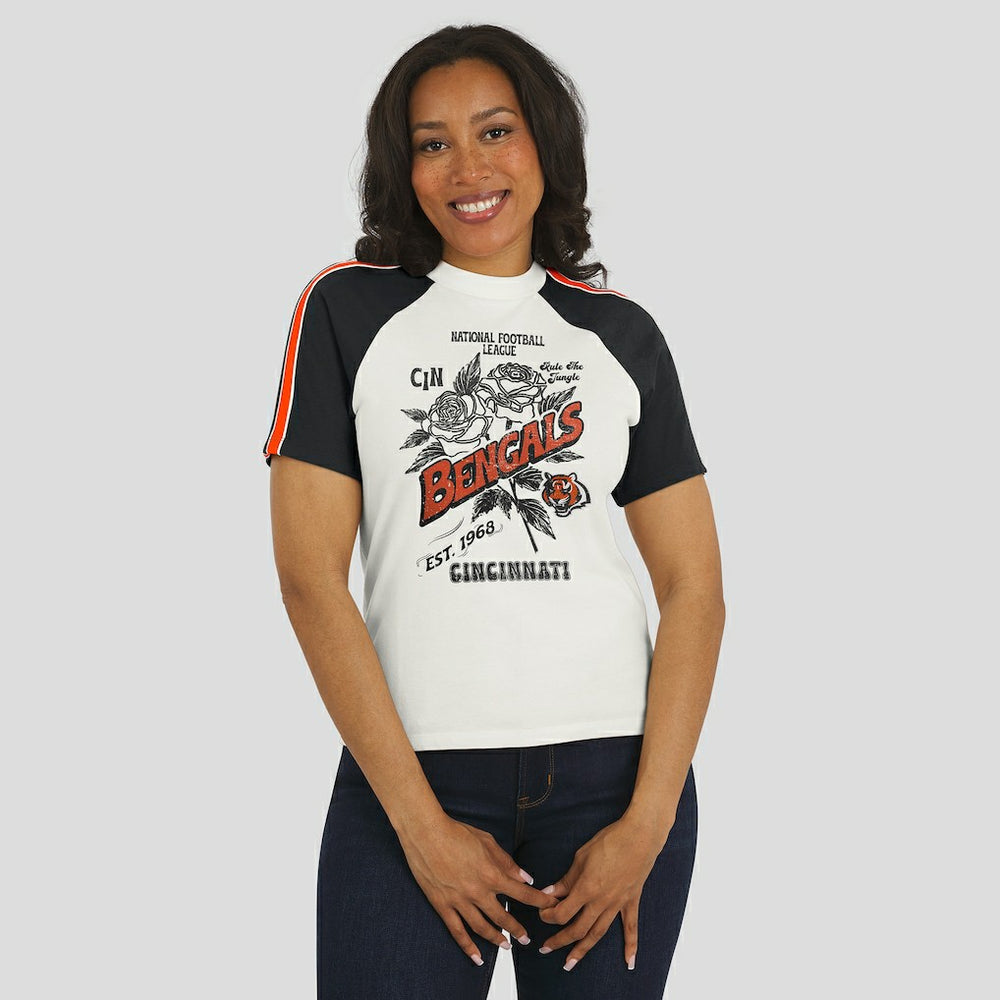 Cincinnati Bengals WEAR by Erin Andrews Women's Sleeve Stripe Distressed Raglan T-Shirt - White T-shirts