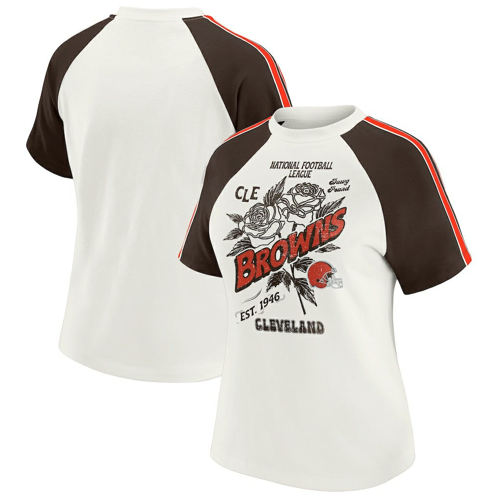 Cleveland Browns WEAR by Erin Andrews Women's Sleeve Stripe Distressed Raglan T-Shirt - White T-shirts