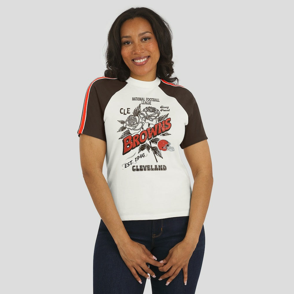 Cleveland Browns WEAR by Erin Andrews Women's Sleeve Stripe Distressed Raglan T-Shirt - White T-shirts