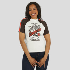 Cleveland Browns WEAR by Erin Andrews Women's Sleeve Stripe Distressed Raglan T-Shirt - White T-shirts
