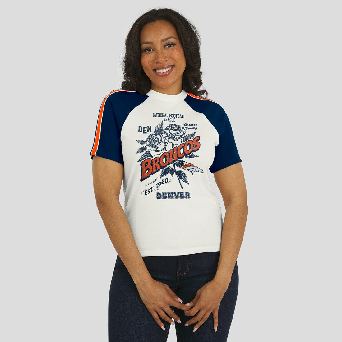 Denver Broncos WEAR by Erin Andrews Women's Sleeve Stripe Distressed Raglan T-Shirt - White T-shirts