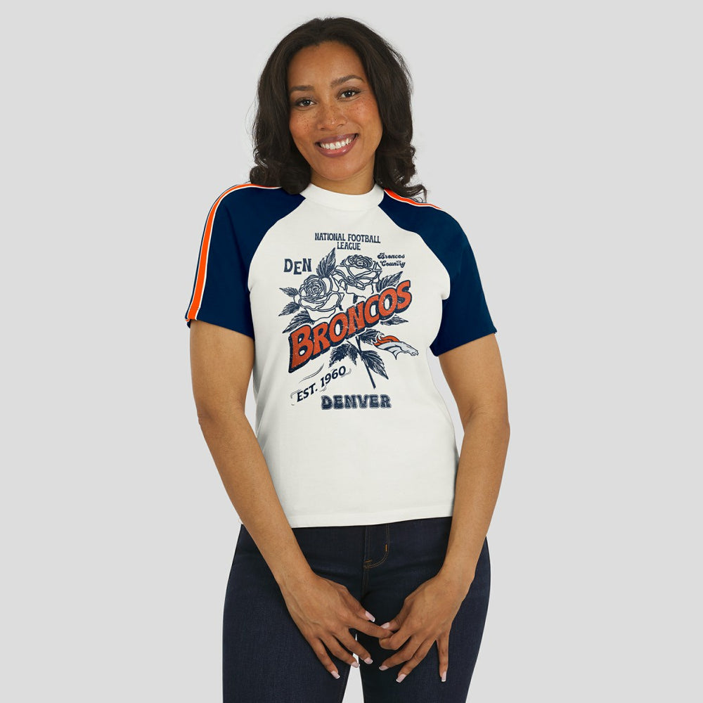 Denver Broncos WEAR by Erin Andrews Women's Sleeve Stripe Distressed Raglan T-Shirt - White T-shirts
