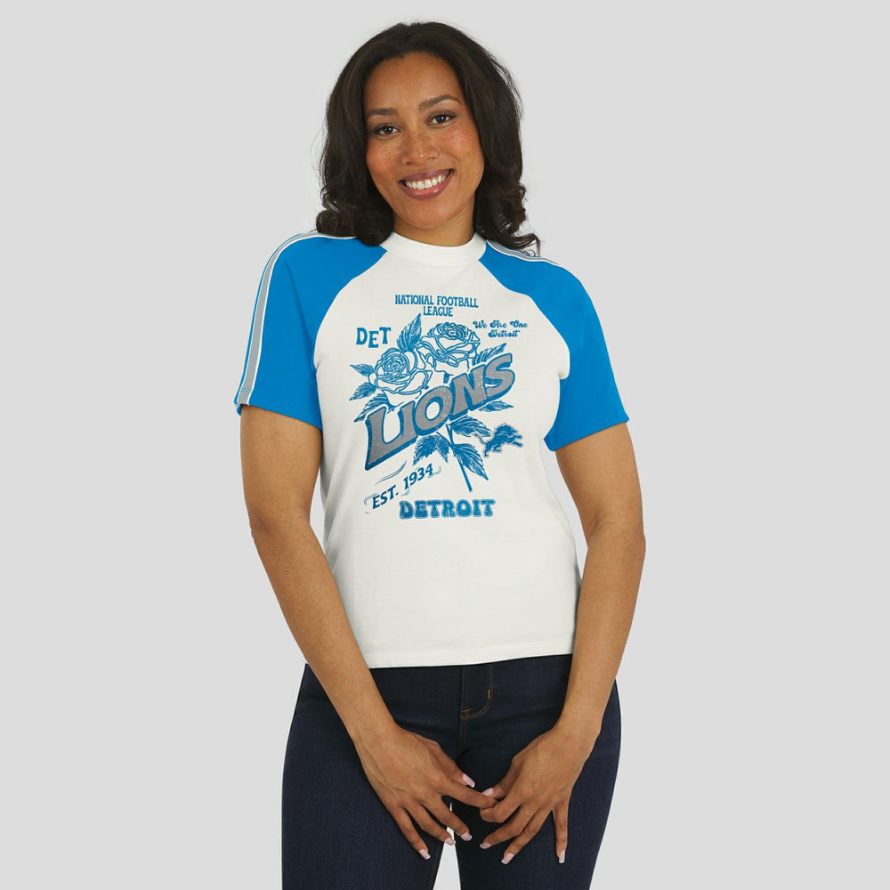 Detroit Lions WEAR by Erin Andrews Women's Sleeve Stripe Distressed Raglan T-Shirt - White T-shirts