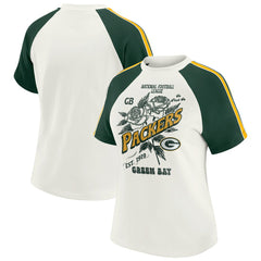 Green Bay Packers WEAR by Erin Andrews Women's Sleeve Stripe Distressed Raglan T-Shirt - White T-shirts