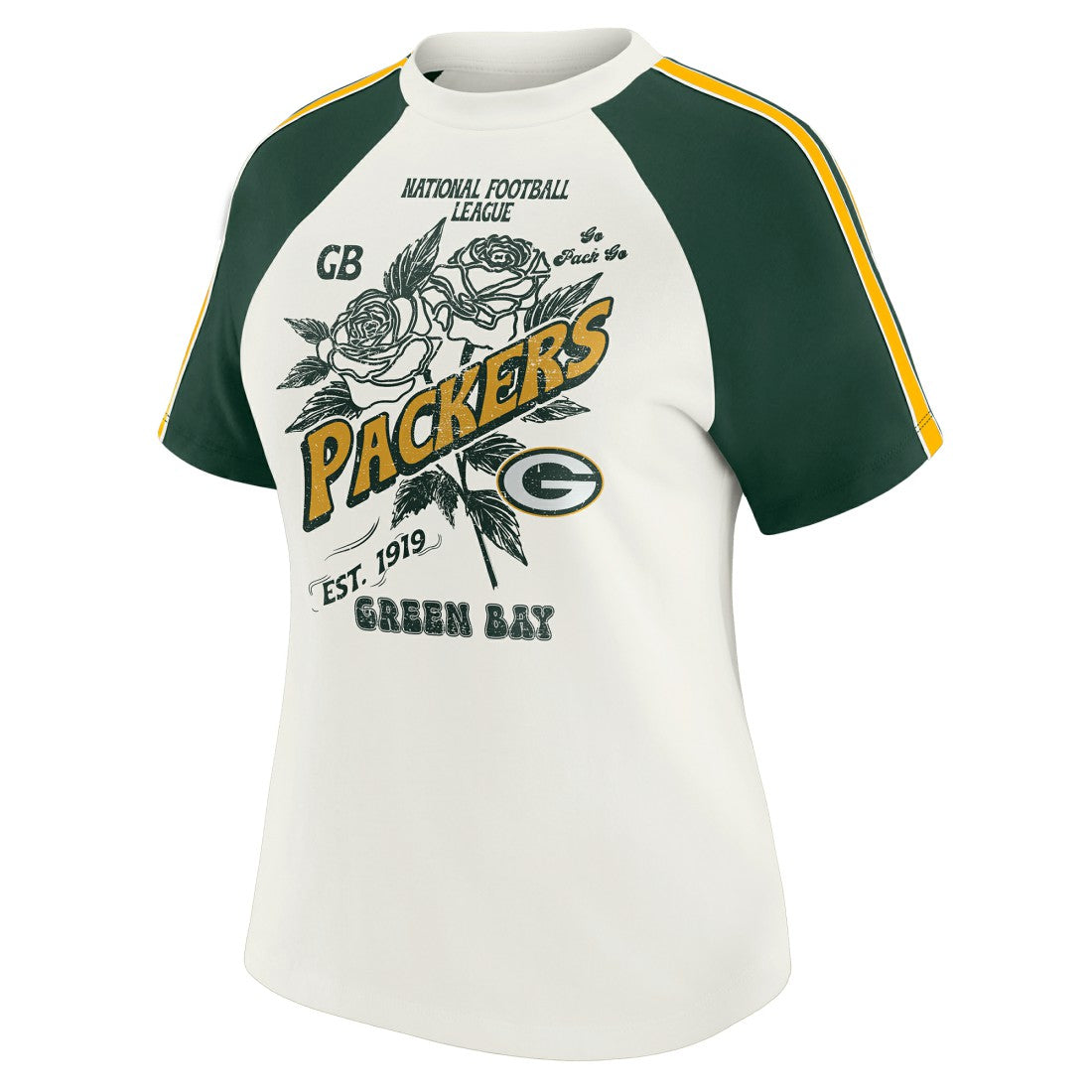 Green Bay Packers WEAR by Erin Andrews Women's Sleeve Stripe Distressed Raglan T-Shirt - White T-shirts