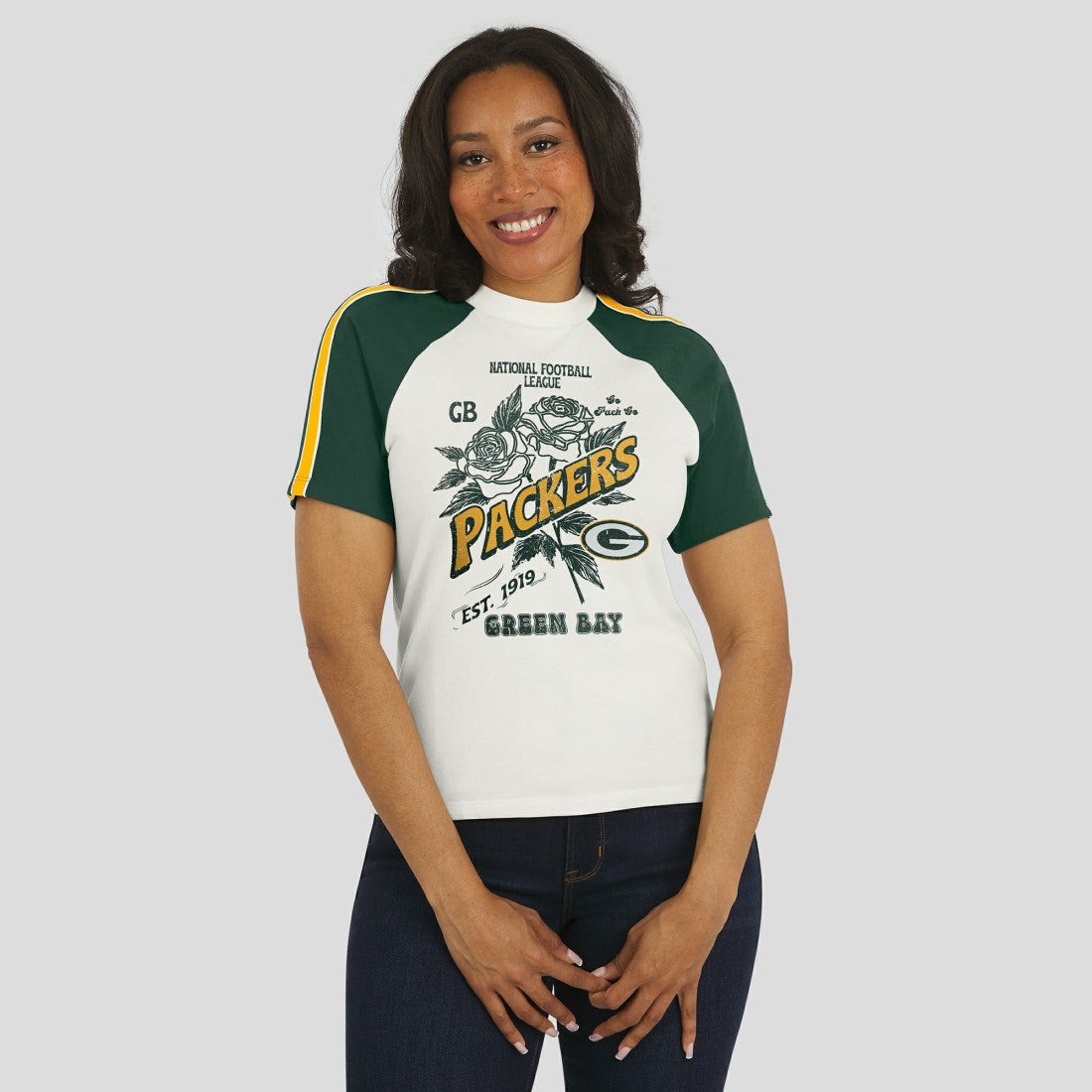 Green Bay Packers WEAR by Erin Andrews Women's Sleeve Stripe Distressed Raglan T-Shirt - White T-shirts