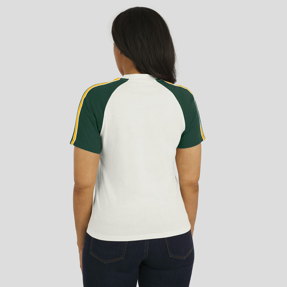 Green Bay Packers WEAR by Erin Andrews Women's Sleeve Stripe Distressed Raglan T-Shirt - White T-shirts